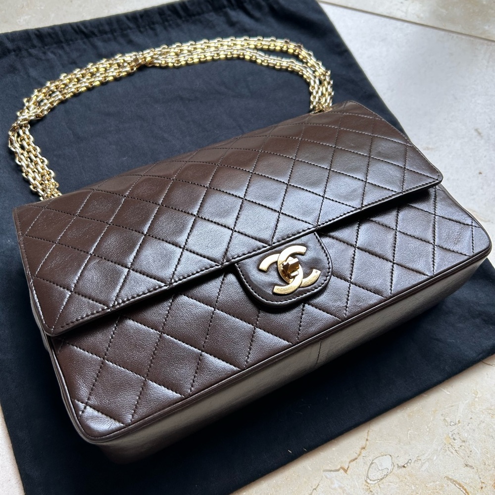 Vintage Chanel Classic Brown Medium Double Flap Bag, 24k Gold-Plated Hardware